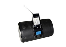 Altifalantes c/ base para iPhone/ iPod c/radio FM e relogio